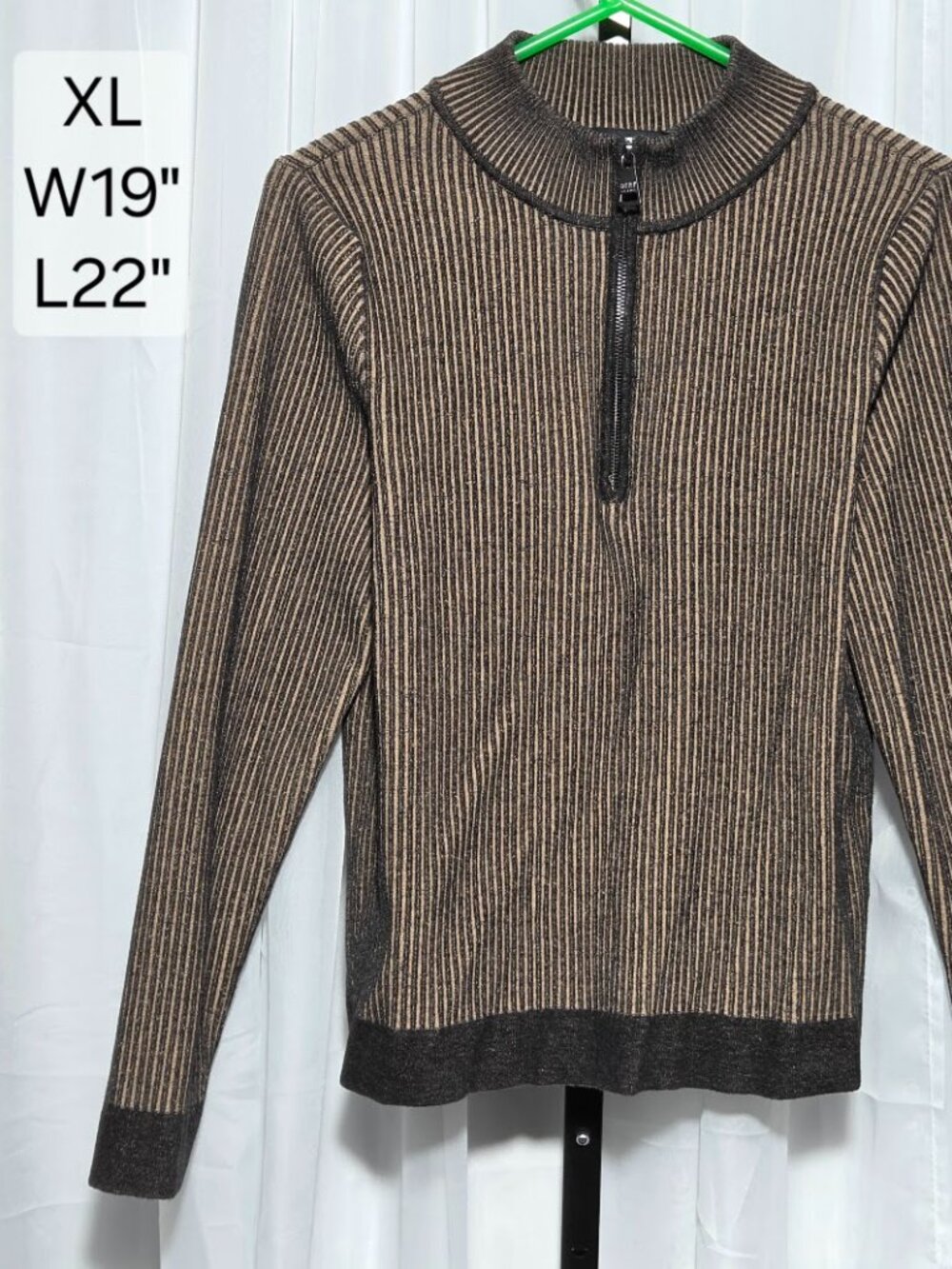DKNY Jeans XL Ribbed Knit Quarter Zip Sweater Brown Heathered Mock Neck Pullover